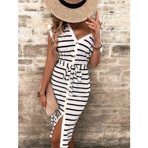 Striped dolman sleeve button through dress - Picture 5 of 7